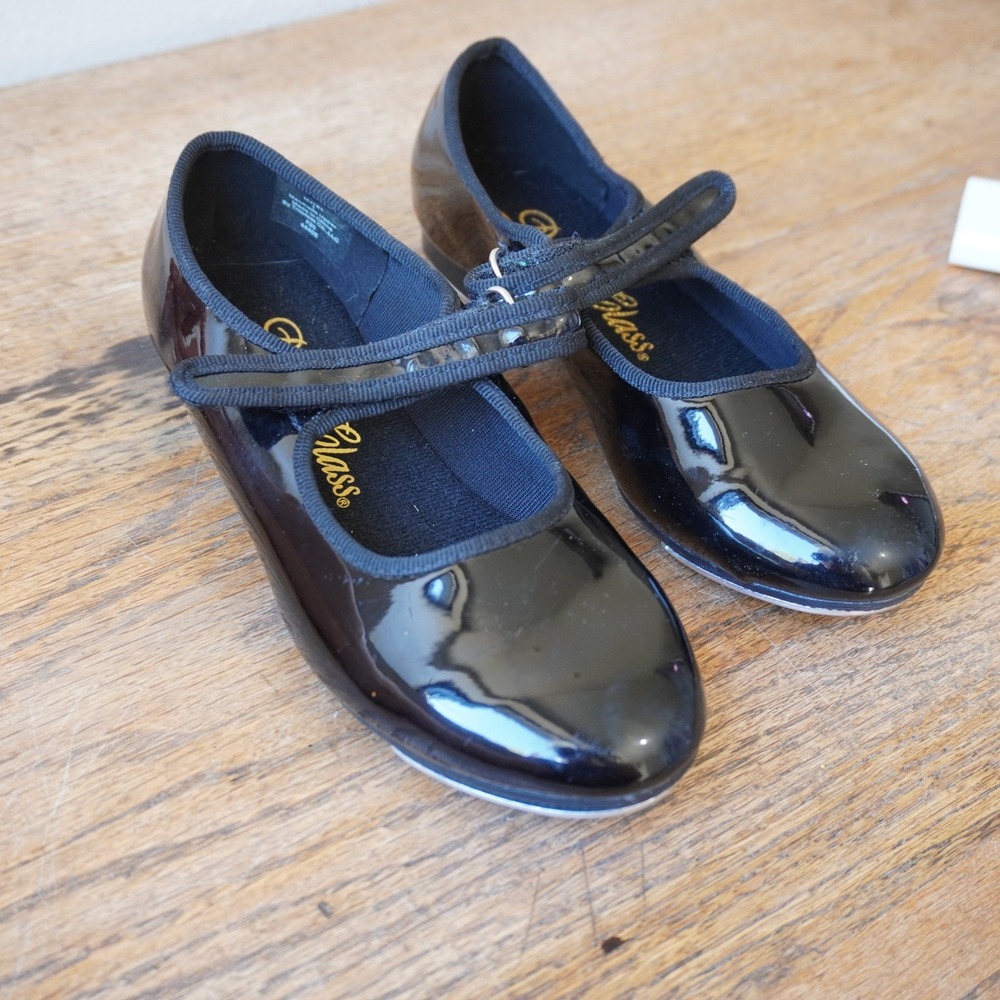 Class Kids Size 1 Black Tap Shoes Patent Mary Jane Hook Loop Dance Class